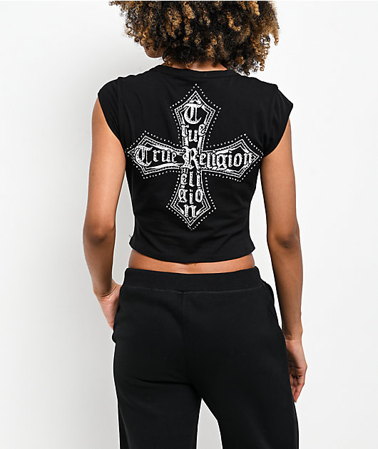 True Religion Crystal Cross Black Notch Crop T-Shirt | Zumiez