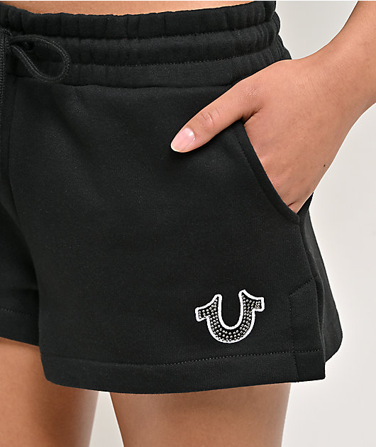 True Religion Crystal Embroidered Black Sweat Shorts