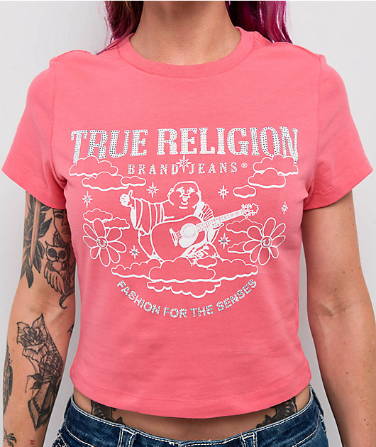 True Religion Crystal Groovy Buddha Sun Kissed Coral Crop T-Shirt
