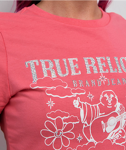 True Religion Crystal Groovy Buddha Sun Kissed Coral Crop T-Shirt