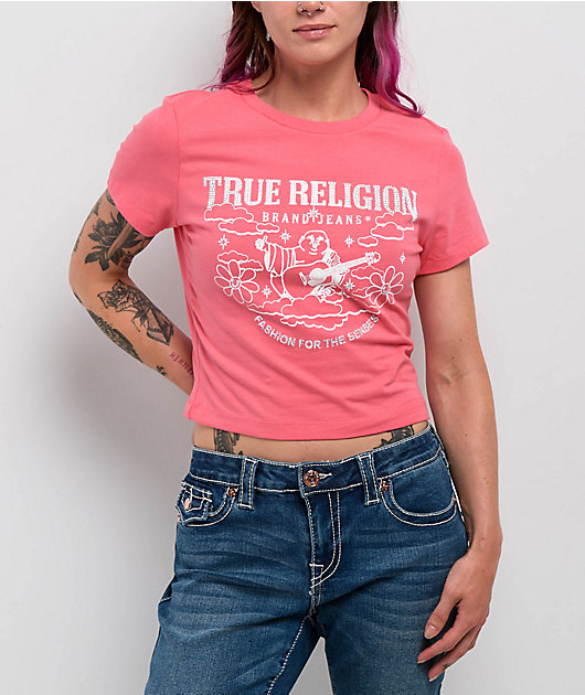 True Religion Crystal Groovy Buddha Sun Kissed Coral Crop T-Shirt