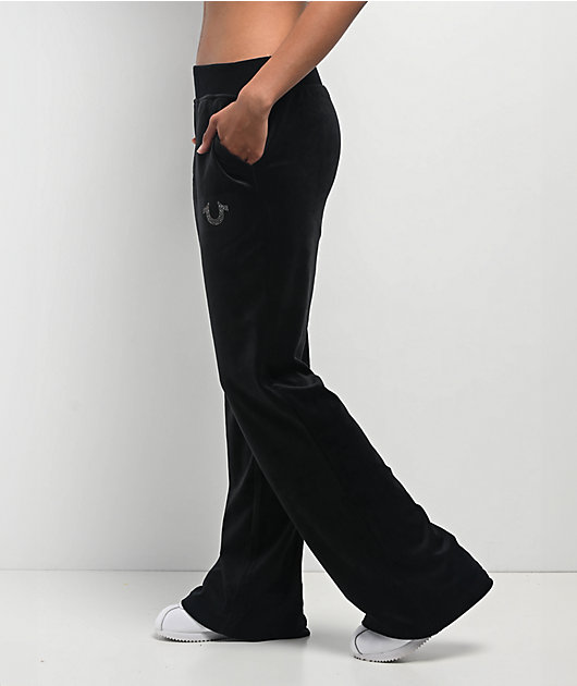 True Religion Crystal Horseshoe Black Straight Leg Velour Pants
