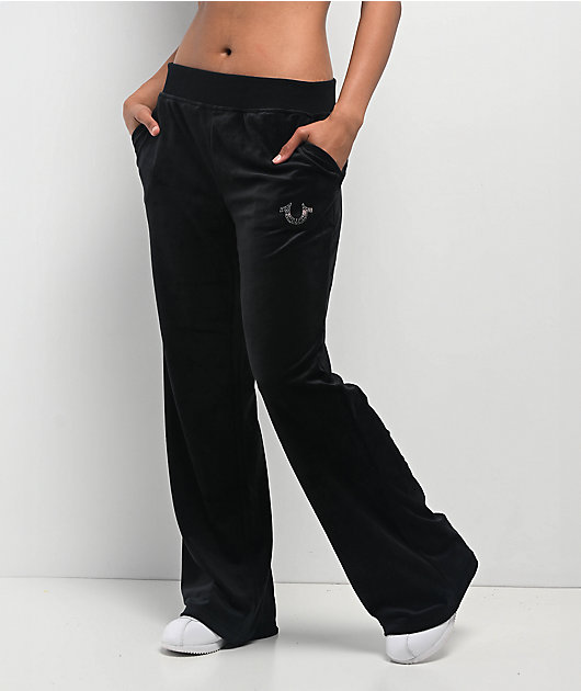 True Religion Crystal Horseshoe Black Straight Leg Velour Pants