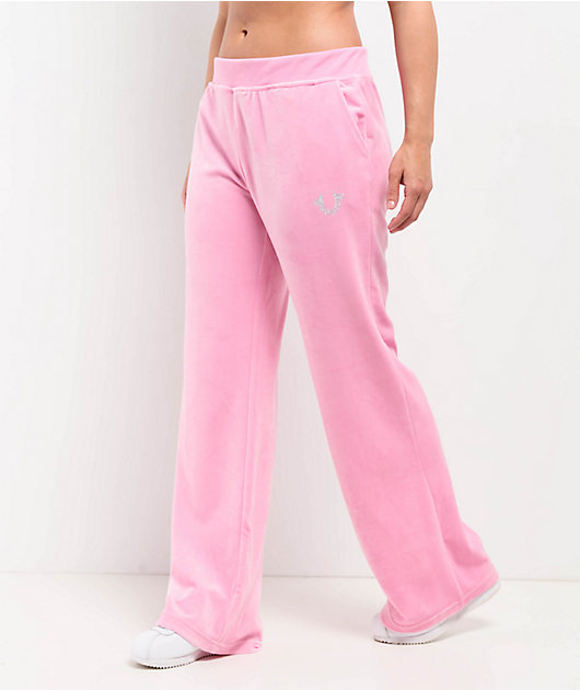 True Religion Crystal Horseshoe Pink Velour Track Pants | Zumiez