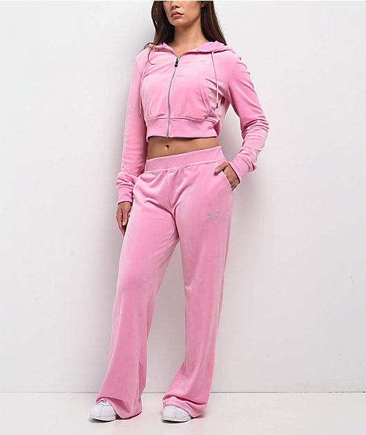 True Religion Crystal Horseshoe Pink Velour Track Pants | Zumiez