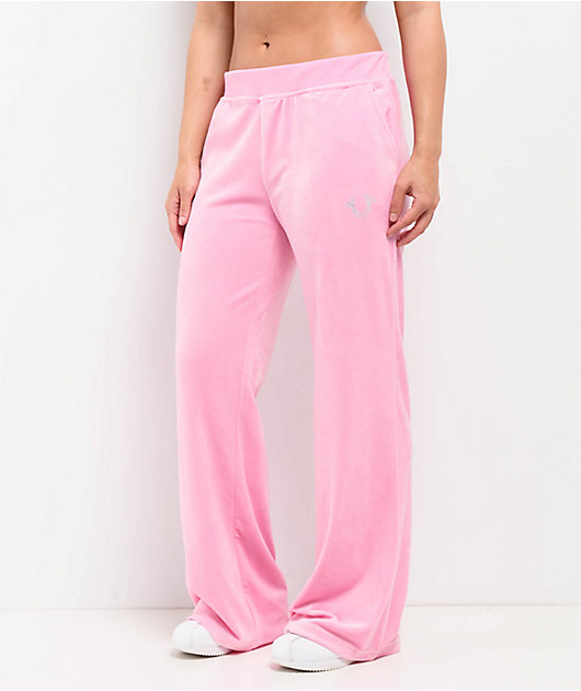 True Religion Crystal Horseshoe Pink Velour Track Pants | Zumiez
