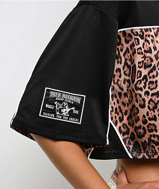 True Religion Crystal Leopard Brown Boxy Crop Jersey