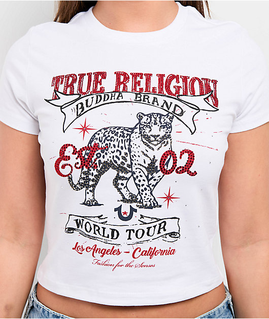 True Religion Crystal Leopard White Crop T-Shirt