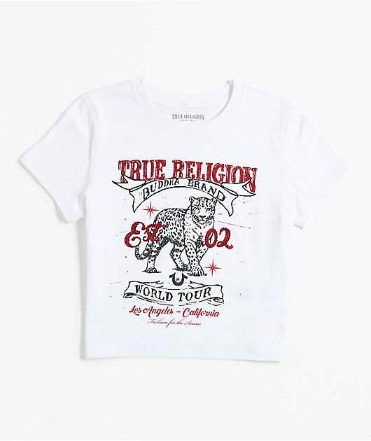 True Religion Crystal Leopard White Crop T-Shirt