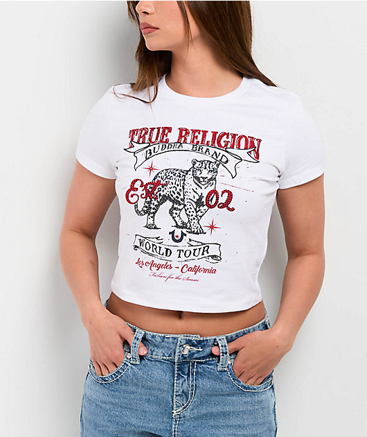 True Religion Crystal Leopard White Crop T-Shirt | Zumiez
