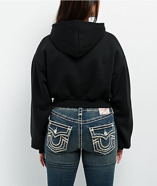 True Religion Crystal Logo Black Crop Hoodie | Zumiez