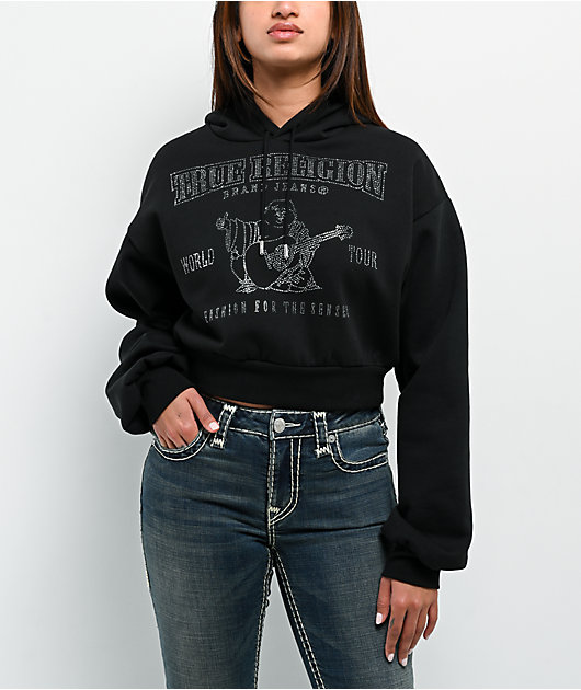 True Religion Crystal Logo Black Crop Hoodie | Zumiez