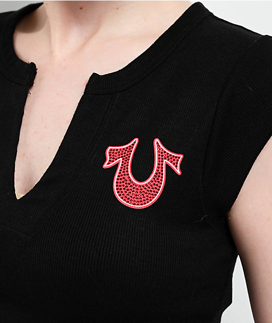 True Religion Crystal Logo Black Notch Rib Crop T-Shirt