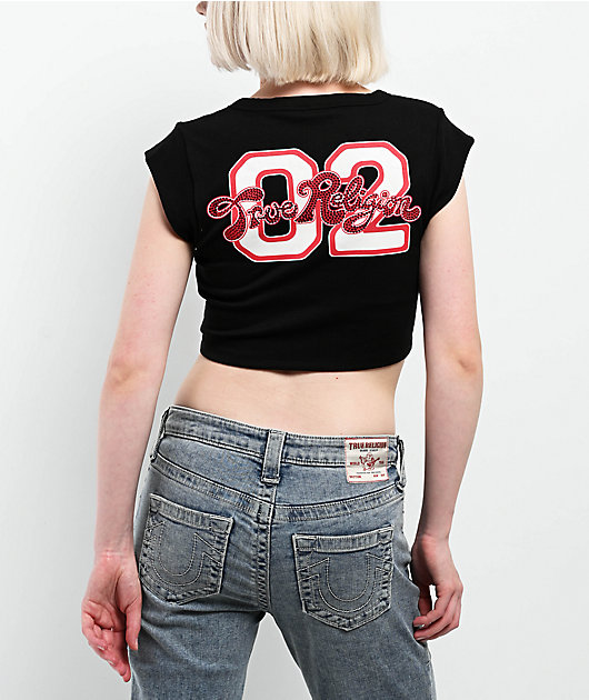 True Religion Crystal Logo Black Notch Rib Crop T-Shirt
