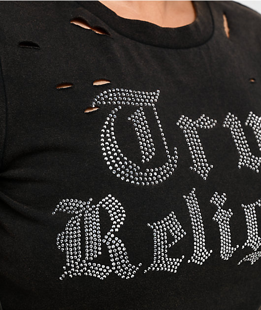 True Religion Crystal Logo Distressed Black Wash T-Shirt