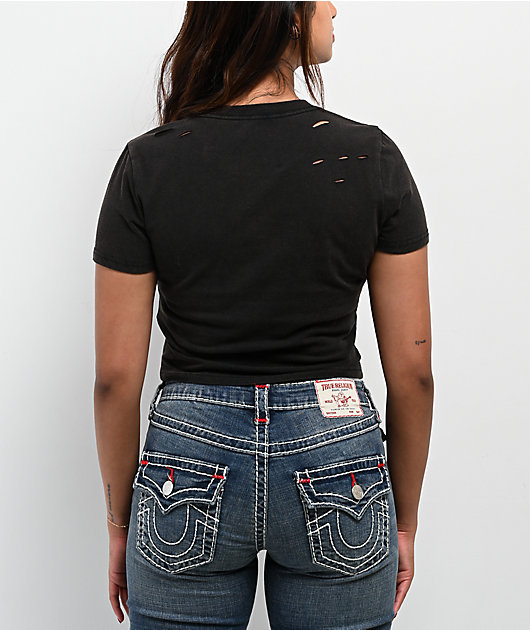 True Religion Crystal Logo Distressed Black Wash T-Shirt