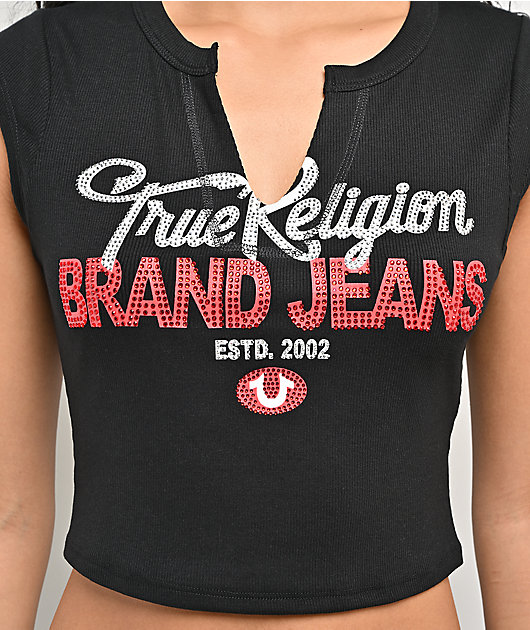True Religion Crystal Logo Notch Rib Crop T-Shirt
