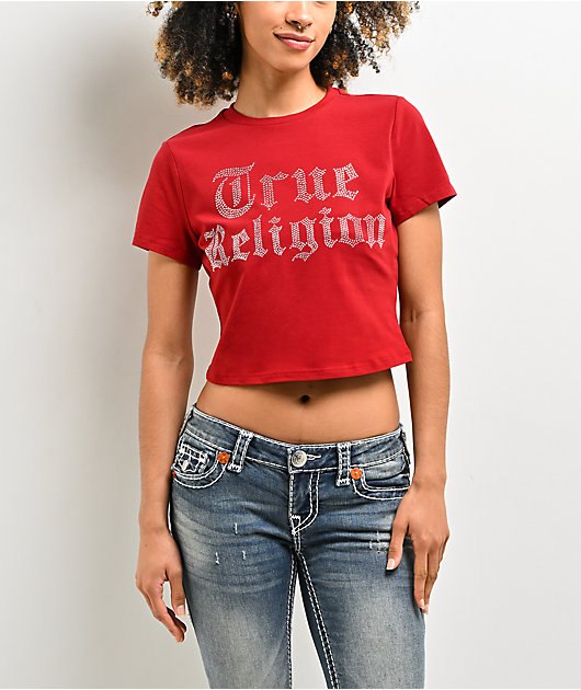 True Religion Crystal Logo Red Crop T-Shirt
