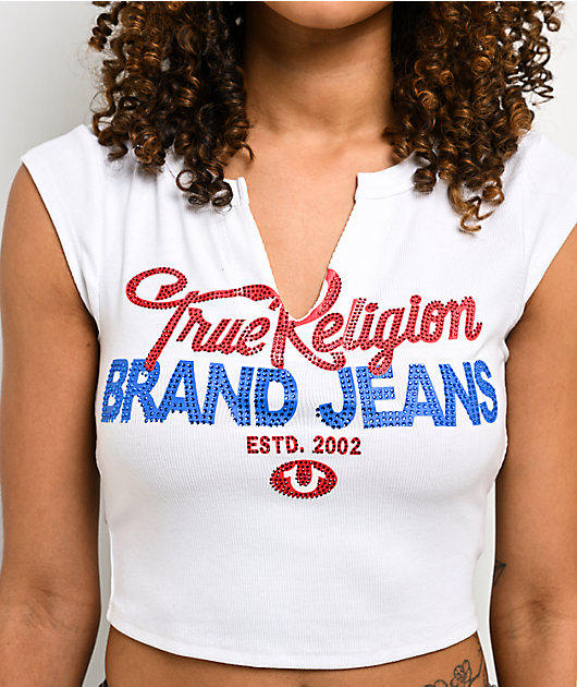 True Religion Crystal Logo V-Notch White T-Shirt