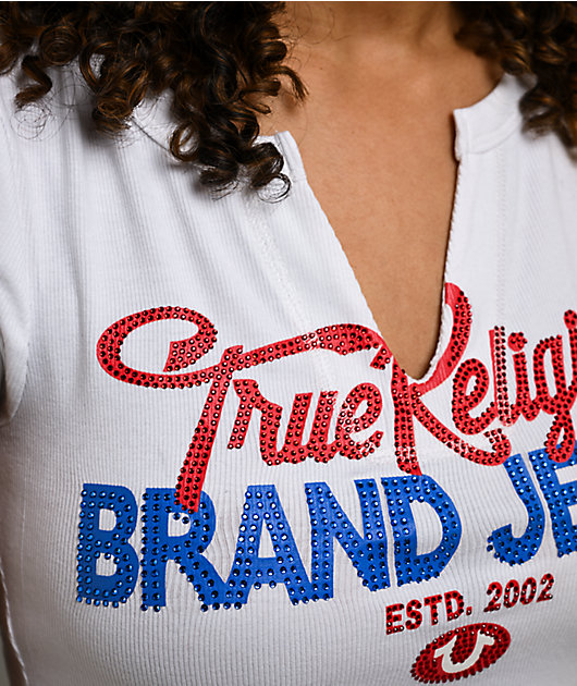 True Religion Crystal Logo V-Notch White T-Shirt