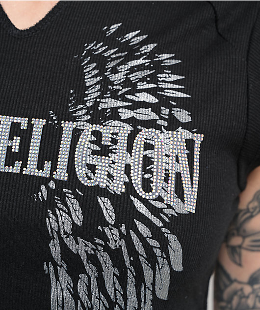 True Religion Crystal Logo Winged Notch Rib Crop T-Shirt