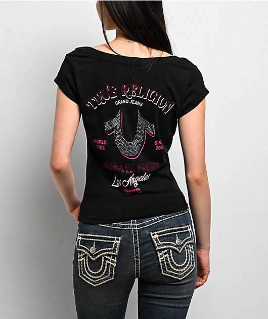 True Religion Crystal Low Plunge Black T-Shirt Zumiez