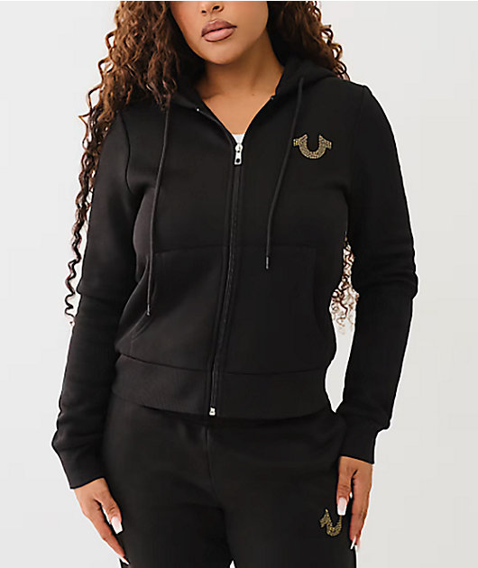 True Religion Crystal Metallic Logo Black Zip Hoodie