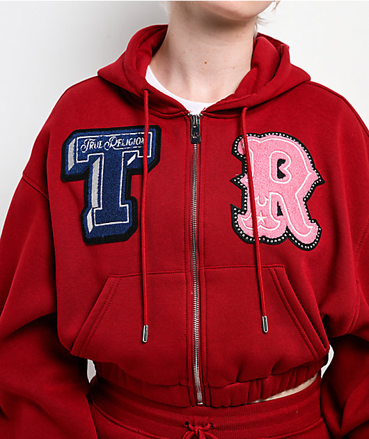 True Religion Crystal Patch Shrunken Red Crop Zip Hoodie