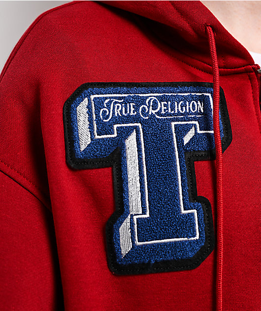 True Religion Crystal Patch Shrunken Red Crop Zip Hoodie