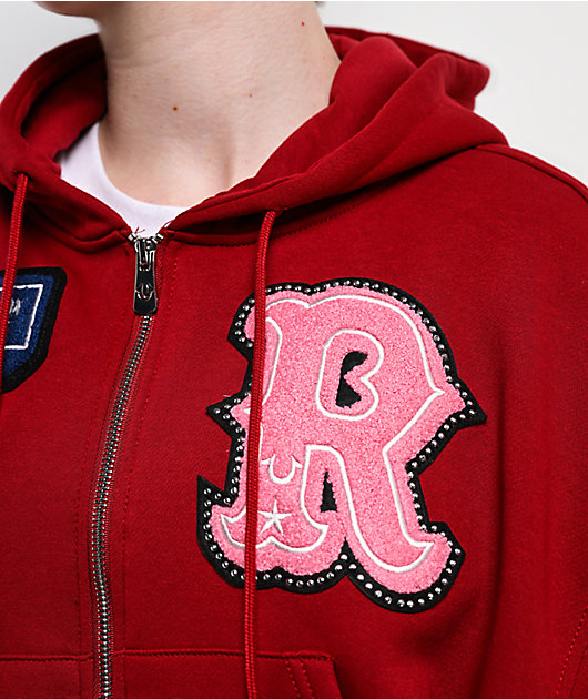 True Religion Crystal Patch Shrunken Red Crop Zip Hoodie