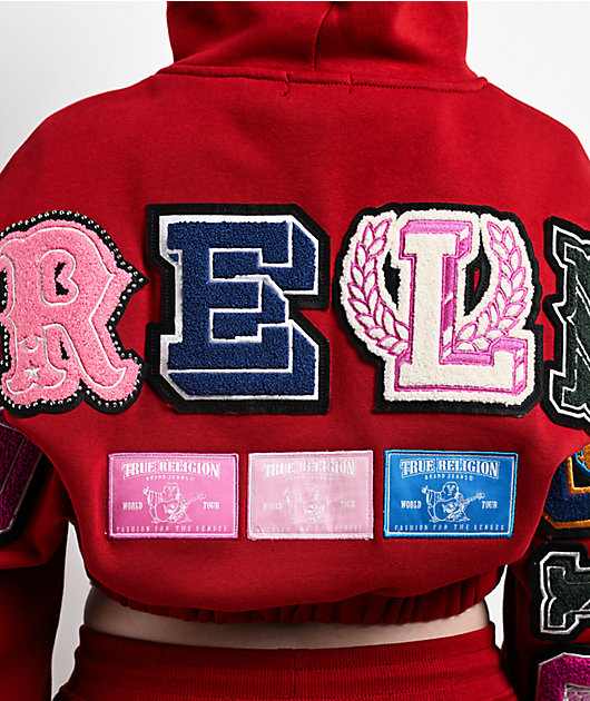True Religion Crystal Patch Shrunken Red Crop Zip Hoodie