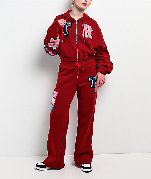 True Religion Crystal Patch Shrunken Red Crop Zip Hoodie
