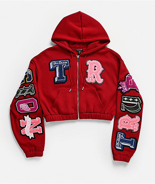 True Religion Crystal Patch Shrunken Red Crop Zip Hoodie