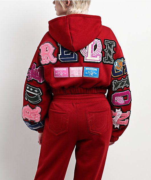 True Religion Crystal Patch Shrunken Red Crop Zip Hoodie