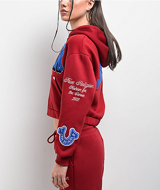 True Religion Crystal Patch Varsity Red Dahlia Crop Zip