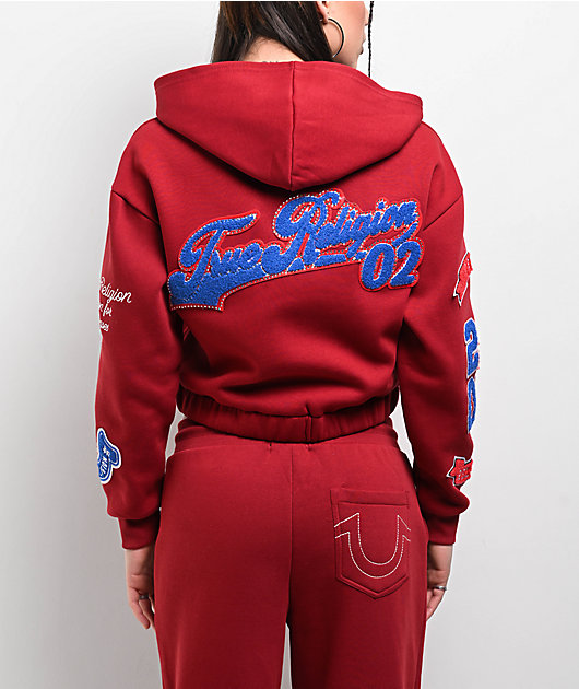 True Religion Crystal Patch Varsity Red Dahlia Crop Zip