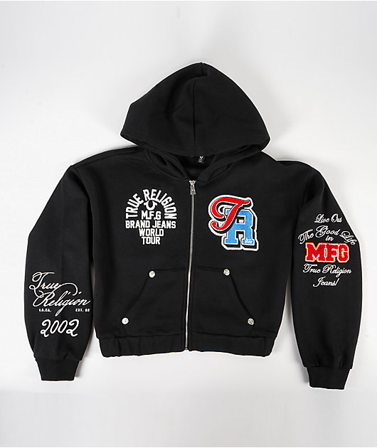 True Religion Crystal Patched Black Zip Hoodie | Zumiez