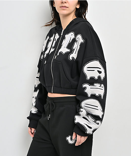 True Religion Crystal Patched Up Black Crop Zip Hoodie