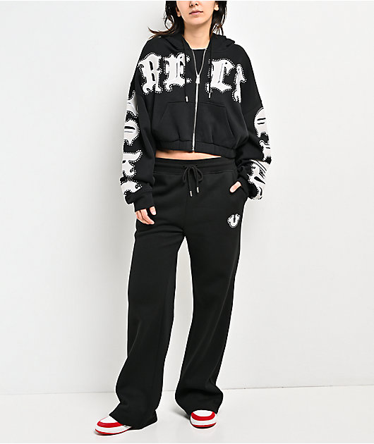 True Religion Crystal Patched Up Black Crop Zip Hoodie