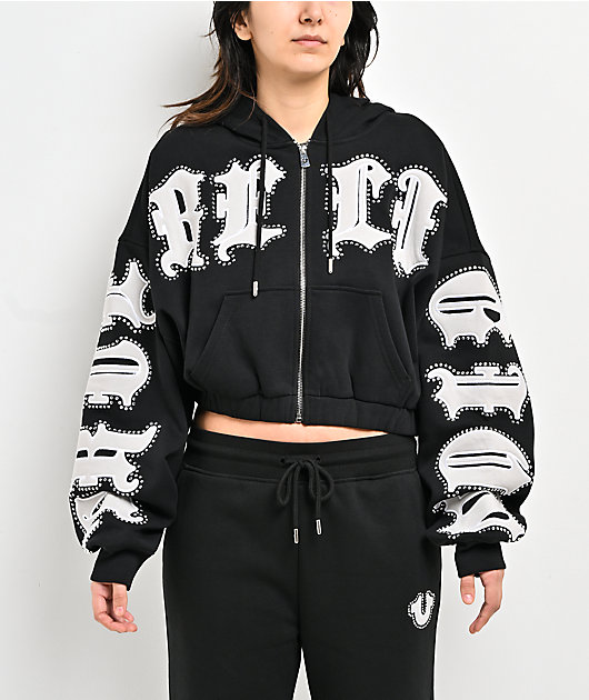 True Religion Crystal Patched Up Black Crop Zip Hoodie