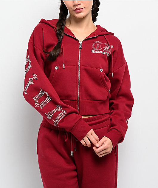 True Religion Crystal Red Relaxed Crop Zip Hoodie | Zumiez