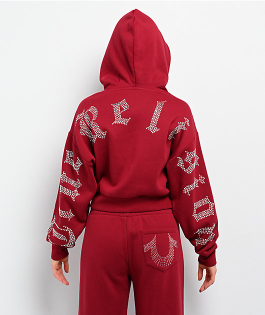 True Religion Crystal Relaxed Red Crop Zip Hoodie | Zumiez