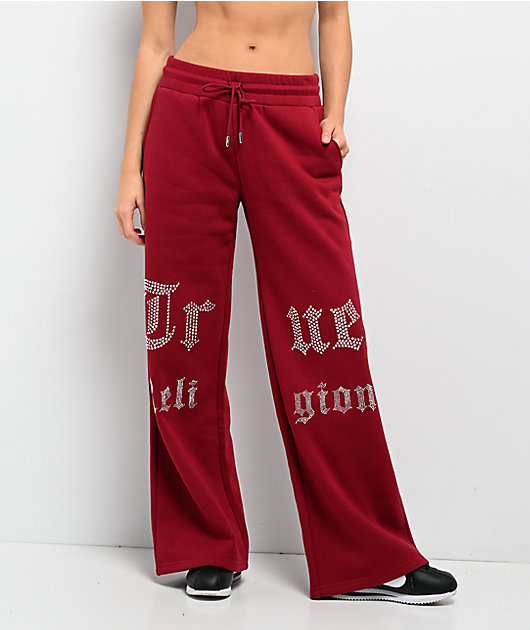 True Religion Crystal Red Wide Leg Sweatpants