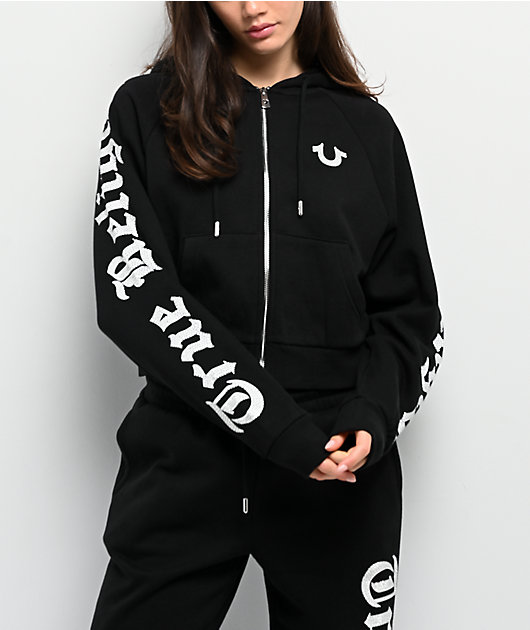 True Religion Crystal Relaxed Black Zip Hoodie | Zumiez