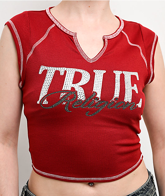 True Religion Crystal Ribbed V Notch Red Crop T-Shirt
