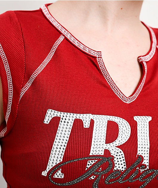 True Religion Crystal Ribbed V Notch Red Crop T-Shirt