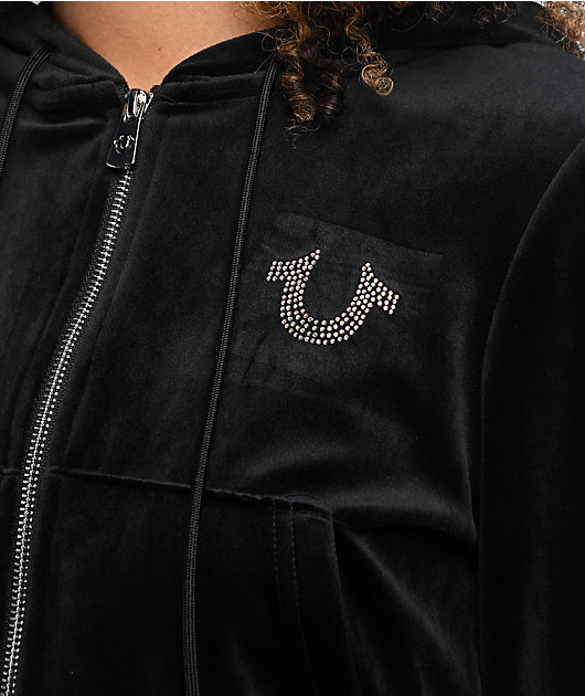 True Religion Crystal Shrunken Black Velour Zip Hoodie