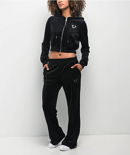 True Religion Crystal Shrunken Black Velour Zip Hoodie