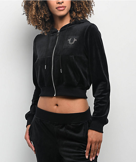 True Religion Crystal Shrunken Black Velour Zip Hoodie