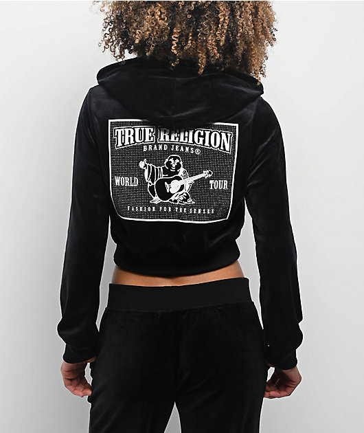 True Religion Crystal Shrunken Black Velour Zip Hoodie | Zumiez